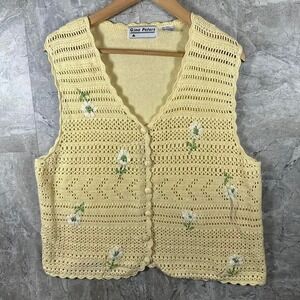 VTG 90s Gina Peters Crochet Vest XL Butter Yellow Daisy Ribbon Embroidered
